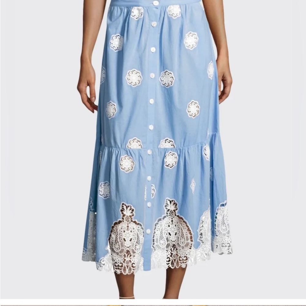 Miguelina Adrienne Versailles Midi Skirt Blue with Lace Size XS Pockets